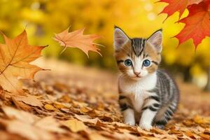 de nieuwsgierig katje staart, herfst achtergrond. ai generatief pro foto
