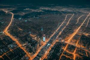 antenne visie van een stadsgezicht Bij nacht achtergrond. ai generatief pro foto