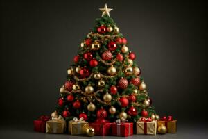 Kerstmis boom versierd met feestelijk ornamenten en lichten geïsoleerd Aan een helling achtergrond foto