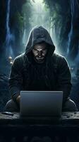hacker typen Aan laptop anoniem concept. generatief ai foto