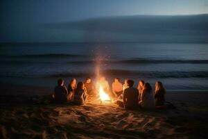 een strand vreugdevuur met vrienden foto