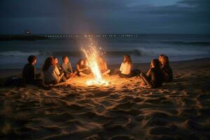 een strand vreugdevuur met vrienden foto