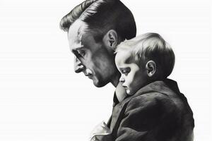 een zwart en wit tekening van een vader en kind foto