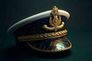 een kapiteins hoed met een goud anker embleem foto