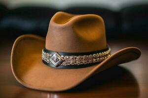 een cowboy hoed met een leer band en zilver gesp foto