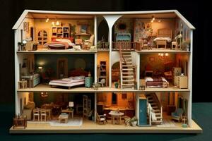 een poppenhuis met miniatuur meubilair foto