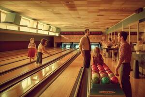 een familie spel van bowling Aan vaders dag foto