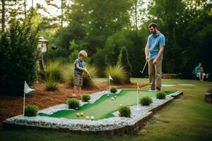 een familie spel van minigolf Aan vaders dag foto