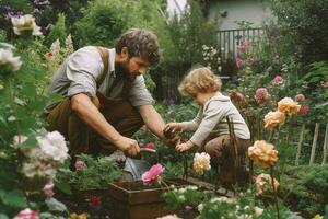 een vader en kind aanplant bloemen in de tuin foto