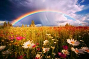 een veld- van wilde bloemen met een regenboog in de lucht foto