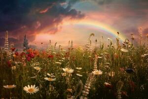 een veld- van wilde bloemen met een regenboog in de lucht foto