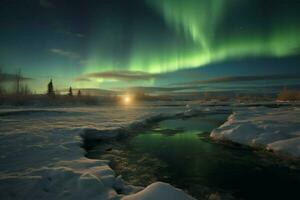 een bevroren toendra met Aurora borealis foto