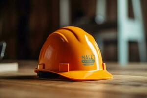 een moeilijk hoed met een bouw bedrijf logo foto