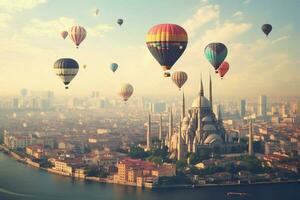 een heet lucht ballon festival over- een stad horizon foto