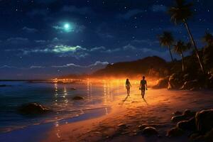 een romantisch wandelen Aan de strand Bij nacht foto