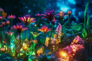 een technicolor tuin met neon bloemen foto