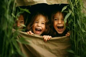 kinderen lachend terwijl spelen verbergen en zoeken foto