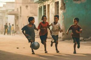 kinderen genieten van een spel van voetbal foto