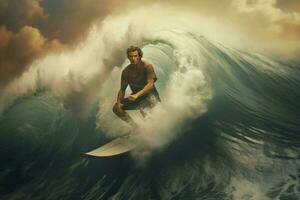 de sensatie van rijden de golven Aan een surfboard foto