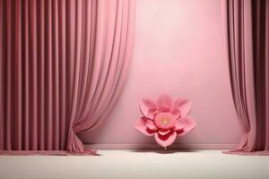een 3d stadium met een roze gordijn en een roze bloem foto