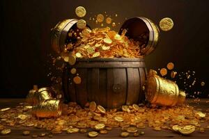 een vat met goud munten Aan het en een veel van goud co foto