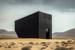 een zwart gebouw in de woestijn foto