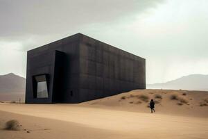 een zwart gebouw in de woestijn foto