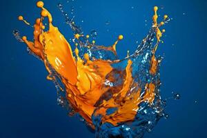 een blauw en oranje water plons met een blauw backgrou foto