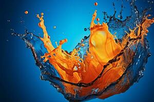 een blauw en oranje water plons met een blauw achtergrond foto