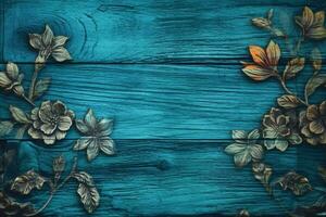 een blauw houten achtergrond met bloemen Aan het foto