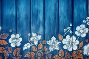 een blauw houten achtergrond met bloemen Aan het foto