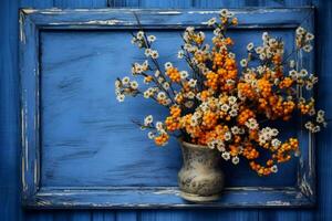 een blauw houten bord met bloemen Aan het foto