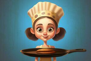 een tekenfilm karakter met een pan en pannenkoek Aan haar foto