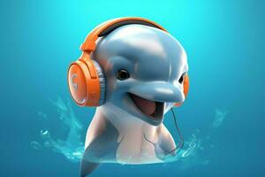 een tekenfilm dolfijn met een hoofdtelefoons Aan zijn hoofd foto