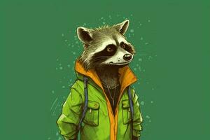 een tekenfilm van een wasbeer vervelend een groen jasje en foto