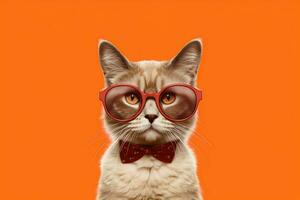 een kat met bril Aan en een oranje achtergrond foto