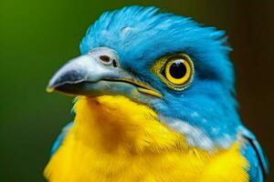 een kleurrijk vogel met een geel oog en een blauw hoofd foto