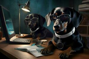 een hond vervelend bril en een zwart hond houdende Aan een foto