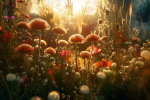 een veld- van bloemen met een helder licht achter de foto