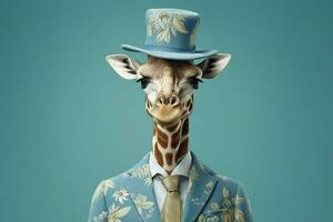 een giraffe met een blauw jasje en een blauw hoed foto