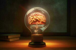 een glas hersenen met een licht lamp in de midden- foto