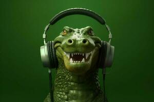 een groen krokodil met hoofdtelefoons Aan het foto