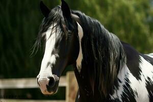 een paard met een zwart manen en wit markeringen Aan ik foto