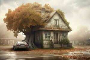 een huis met een garage en een boom in de pagina foto