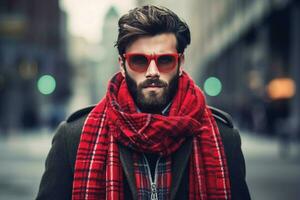 een Mens vervelend rood bril en een rood plaid sjaal foto