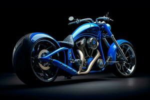een motorfiets dat is blauw en zwart met de woord foto