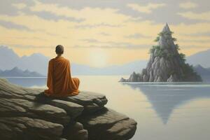 een schilderij van een Boeddha zittend Aan een rots overzien foto