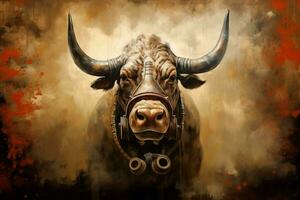 een schilderij van een stier met een gas- masker Aan het foto