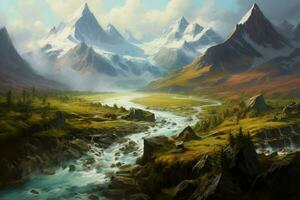 een schilderij van een berg landschap met een rivier- f foto