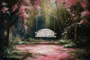 een schilderij van een schommel in een tuin met een roze bank foto